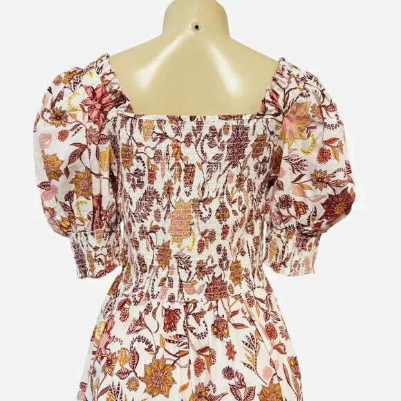 1.STATE REVOLVE Puff Sleeve‎ Smocked Mini Dress Fiesta Floral Batik Orange L - Picture 5 of 11